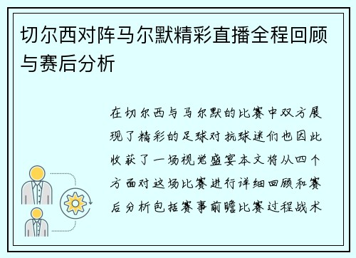 切尔西对阵马尔默精彩直播全程回顾与赛后分析