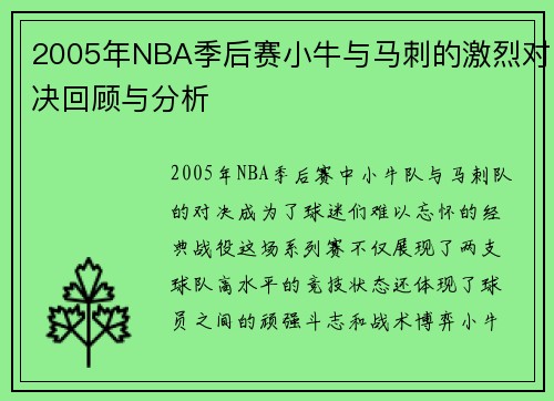 2005年NBA季后赛小牛与马刺的激烈对决回顾与分析