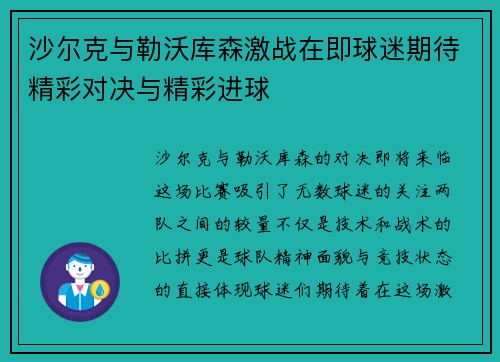 沙尔克与勒沃库森激战在即球迷期待精彩对决与精彩进球