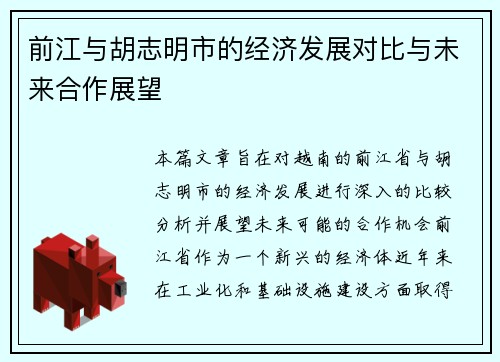 前江与胡志明市的经济发展对比与未来合作展望