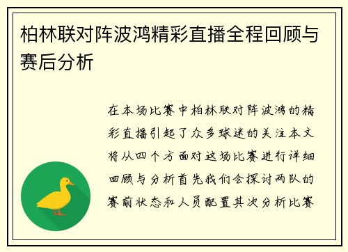 柏林联对阵波鸿精彩直播全程回顾与赛后分析