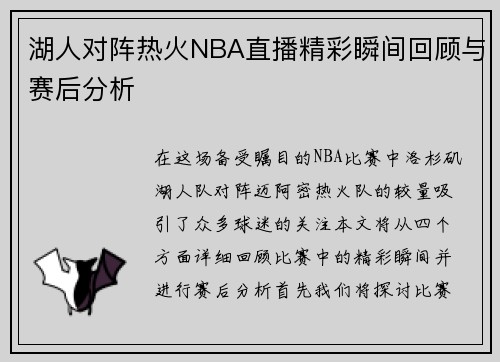 湖人对阵热火NBA直播精彩瞬间回顾与赛后分析