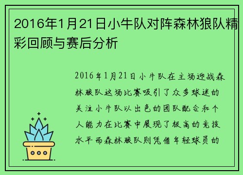 2016年1月21日小牛队对阵森林狼队精彩回顾与赛后分析