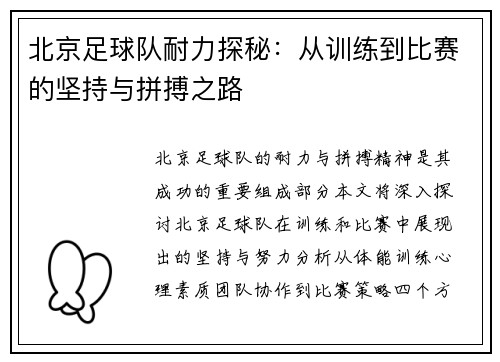 北京足球队耐力探秘：从训练到比赛的坚持与拼搏之路