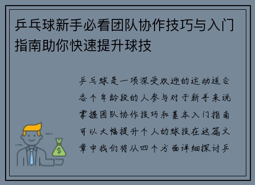 乒乓球新手必看团队协作技巧与入门指南助你快速提升球技