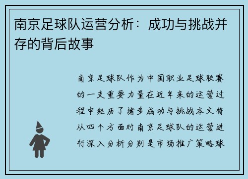 南京足球队运营分析：成功与挑战并存的背后故事
