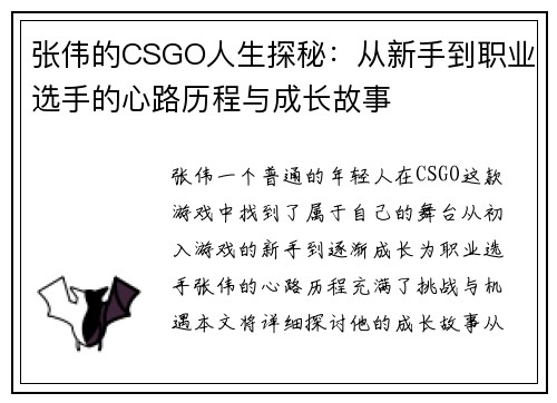 张伟的CSGO人生探秘：从新手到职业选手的心路历程与成长故事