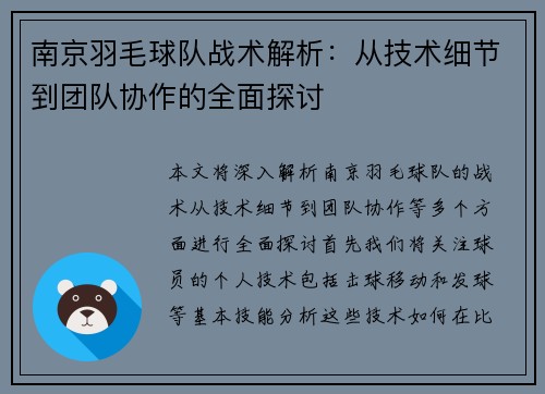 南京羽毛球队战术解析：从技术细节到团队协作的全面探讨