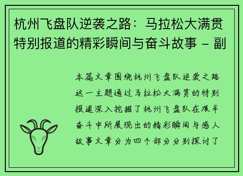 杭州飞盘队逆袭之路：马拉松大满贯特别报道的精彩瞬间与奋斗故事 - 副本