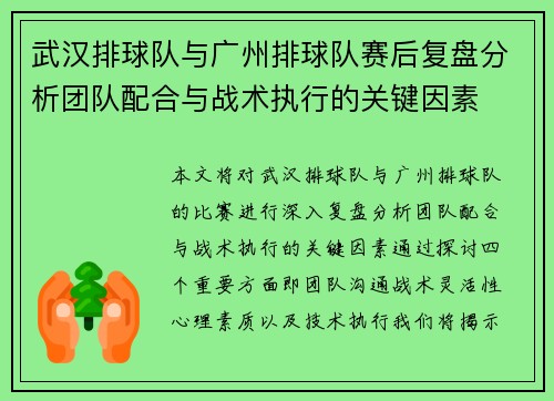 武汉排球队与广州排球队赛后复盘分析团队配合与战术执行的关键因素