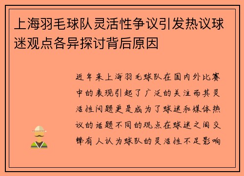 上海羽毛球队灵活性争议引发热议球迷观点各异探讨背后原因